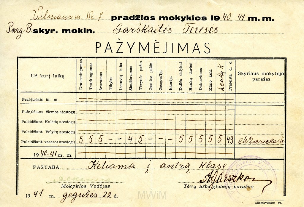 KKE 5807.jpg - (litwa) Dok. Cenzurka szkolna dla Teresy Graszko, Wilno, 22 V 1941 r.